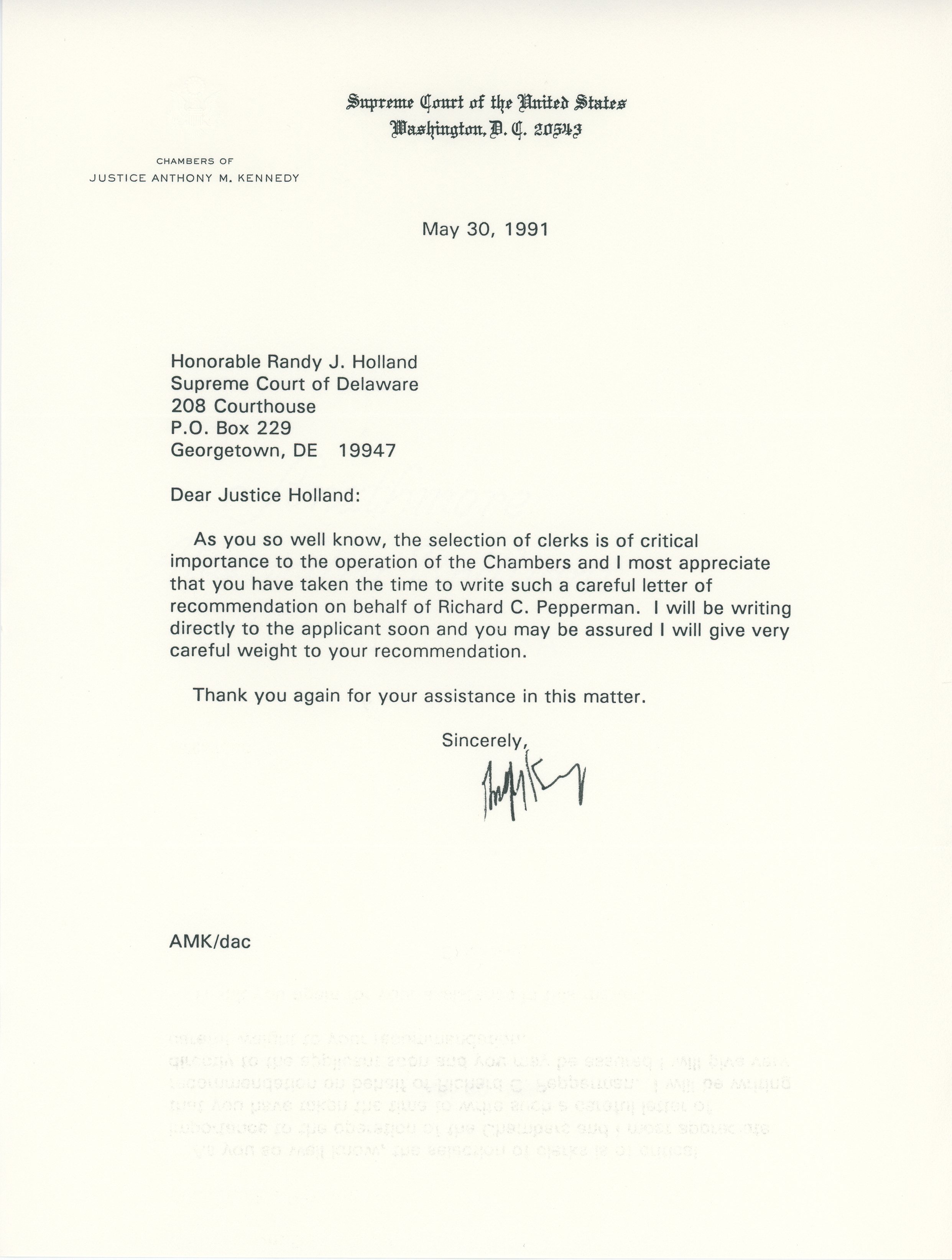 Anthony Kennedy Letter- May 30, 1991 – Justice Randy J. Holland