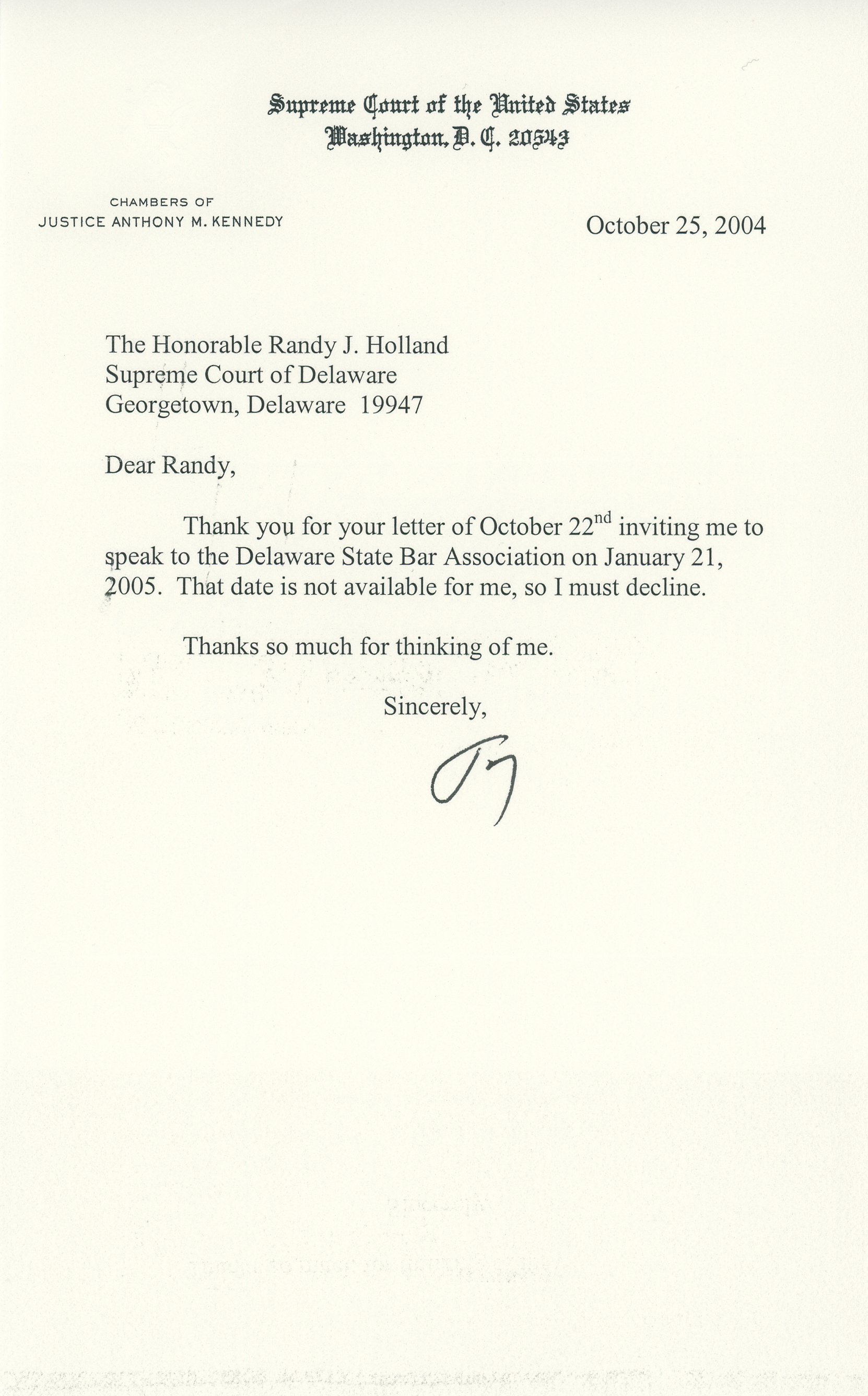Justice Randy Justice Anthony Kennedy letter to Justice Randy J. Holland: October 25 ...