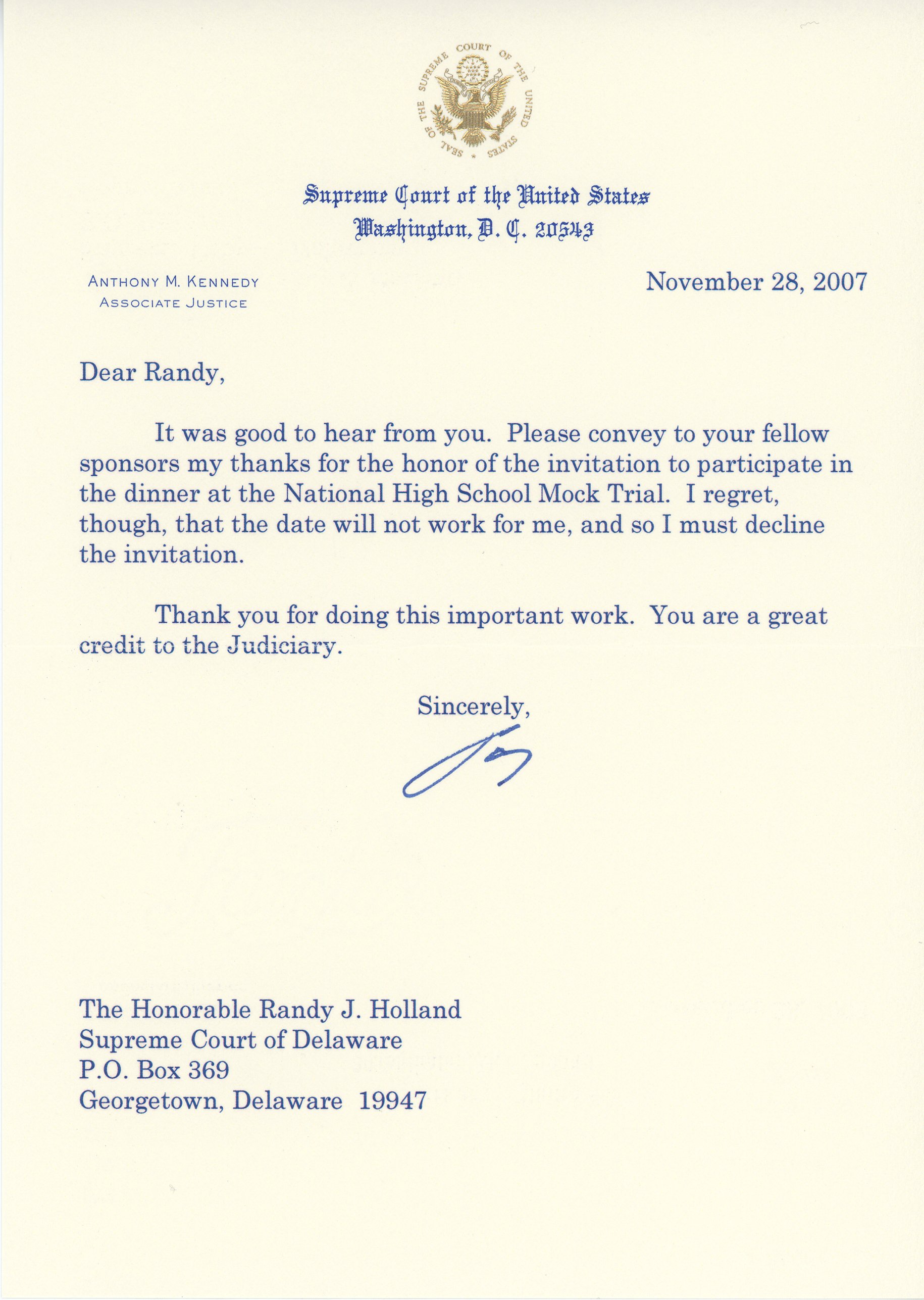 Justice Anthony Kennedy letter to Randy J. Holland: November 28