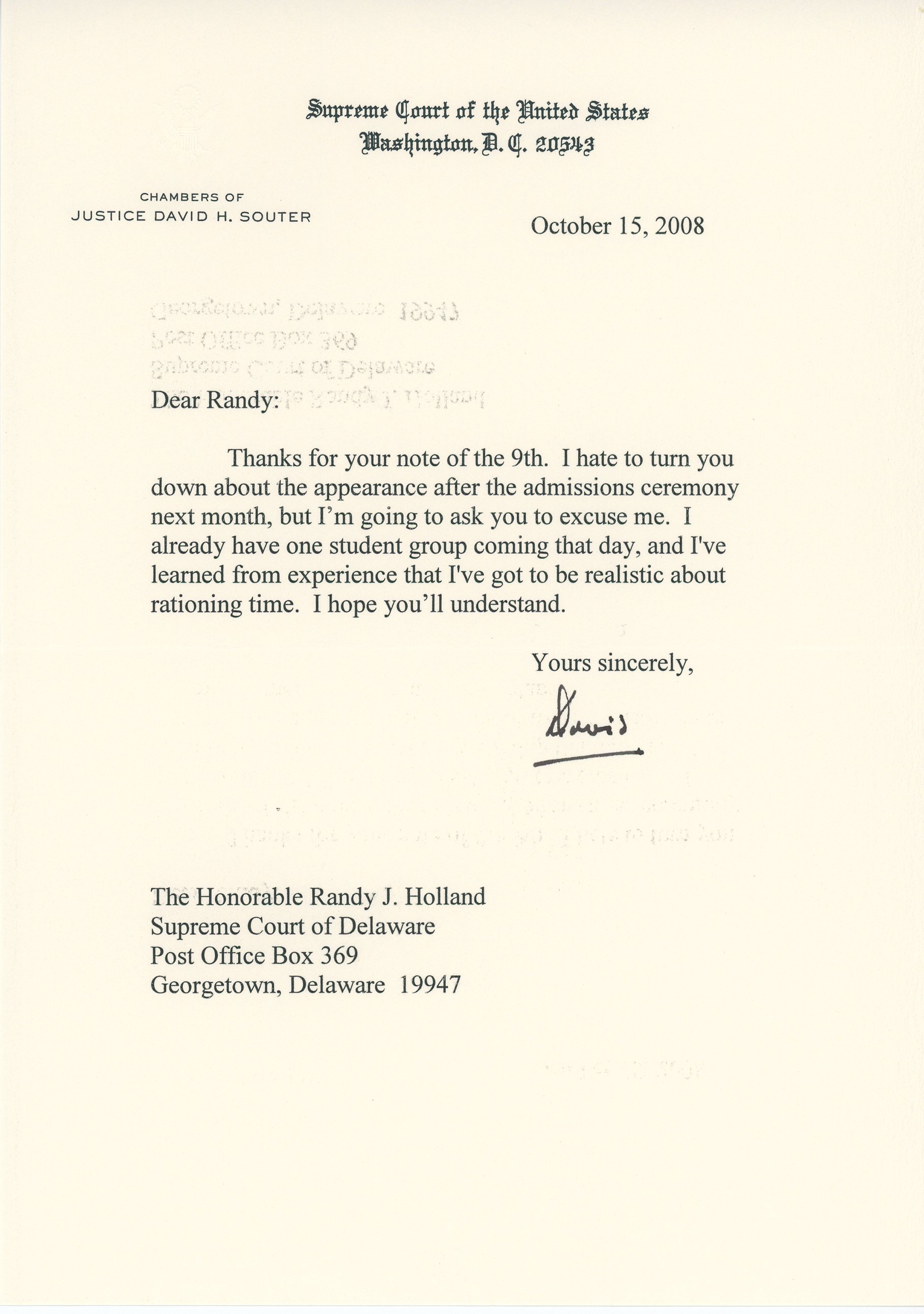 Justice David Souter letter to Randy Holland re Time Management