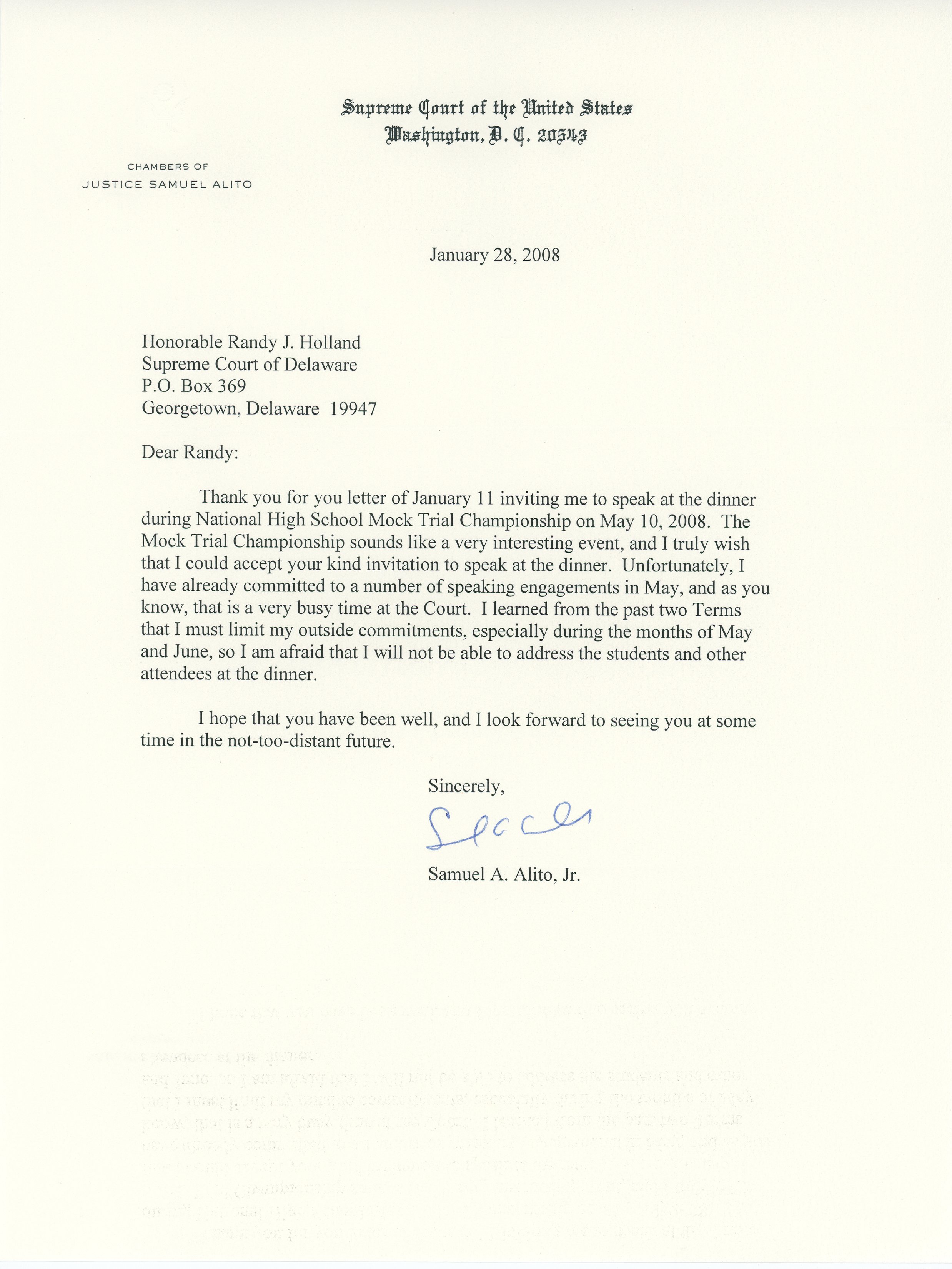 Letter from Justice Samuel Alito to Randy J. Holland: January 28